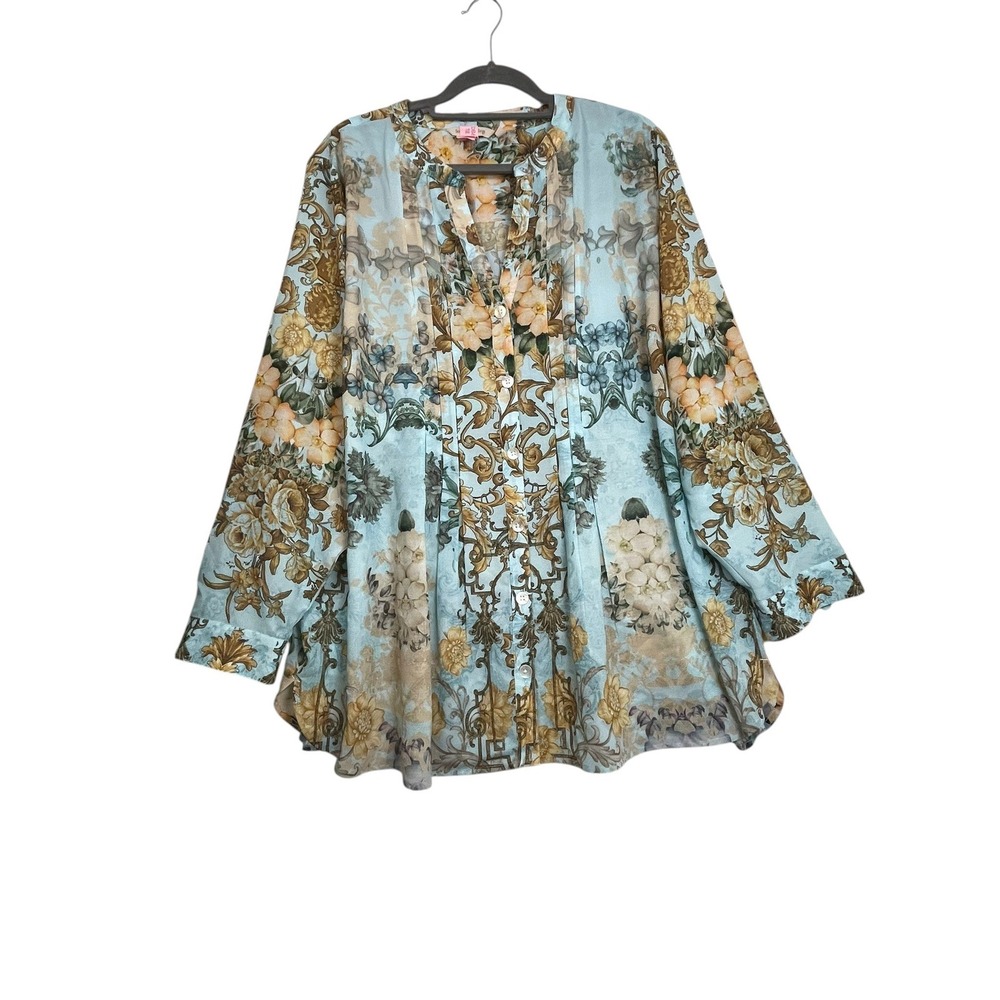 Soft Surroundings 3X Floral Baroque Tunic Blouse Blue Pleated Cottagecore Top